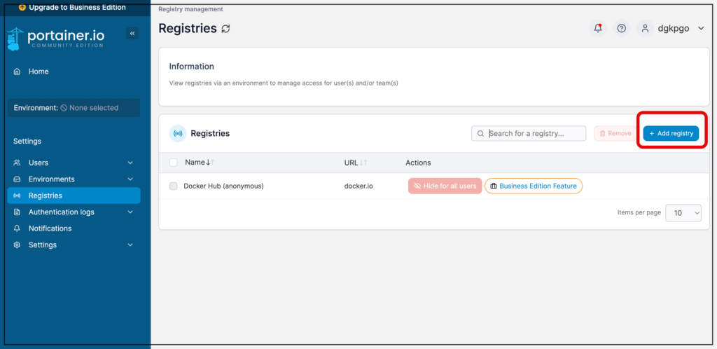 registries > add registry를 선택 합니다. registries > add registry를 선택 합니다.