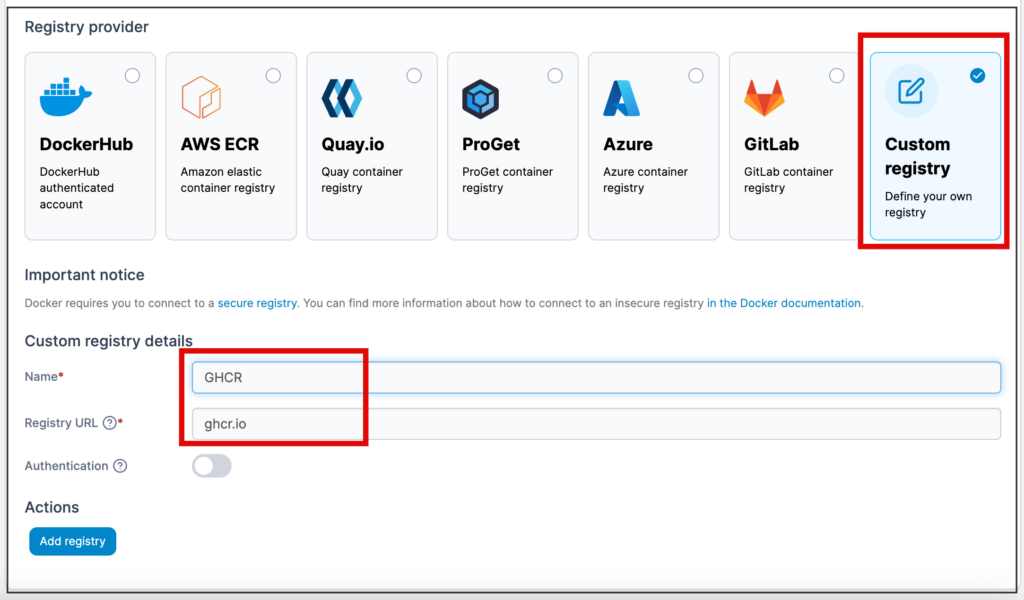 custom registy 타입을 선택한뒤 아래 정보를 입력 합니다. custom registy 타입을 선택한뒤 아래 정보를 입력 합니다.